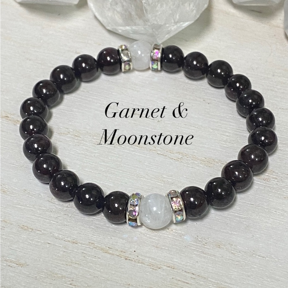 2/$40 Garnet and Moonstone Gemstone Stretch Bracelet
